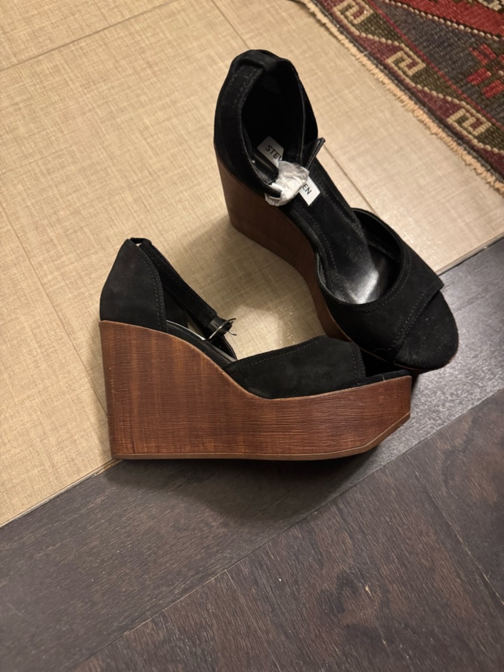 Steve Madden Black Suede Wedge Sandals with Wood-Look Platform NWOT